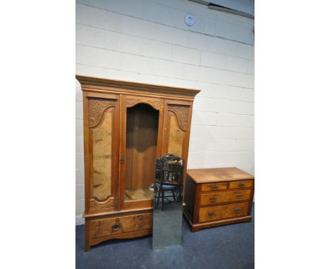 A 20TH CENTURY WALNUT WARDROBE, with a single mirrored door above a single drawer, width 135cm x depth 51cm x height 198cm, a