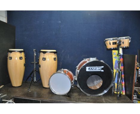 A COLLECTION OF PERCUSSION INSTRUMENTS including a pair of congos with stand, a pair of Diamond UK bongos with stand a Hohner