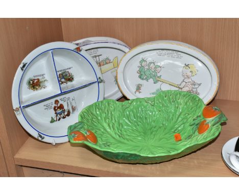 THREE NURSERY PLATES AND A SALAD WARE BOWL, comprising two Shelley Mabel Lucie Atwell baby's plates depicting fairies in see-