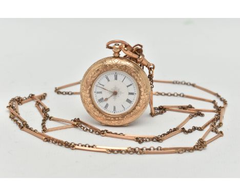 A YELLOW METAL POCKET WATCH AND LONGUARD CHAIN, key wound half hunter pocket watch, floral and foliate pattern to the case wi