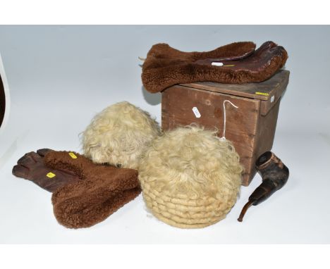 ONE WOODEN CARRY CASE CONTAINING TWO EARLY VICTORIAN COACHMAN'S WIGS, the box has a paper label on the top, 'To Her Majesty H
