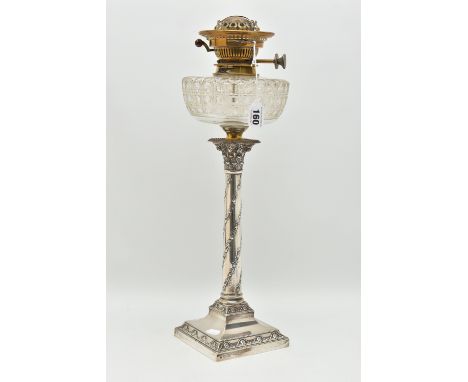 AN EDWARD VII SILVER OIL LAMP, Corinthian column, on a raised square base with floral garland detail, hallmarked 'Hawksworth,