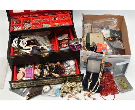 A JEWELLERY BOX AND CONTENTS, to include a black multi storage jewellery box with contents of costume jewellery, keyrings, bu