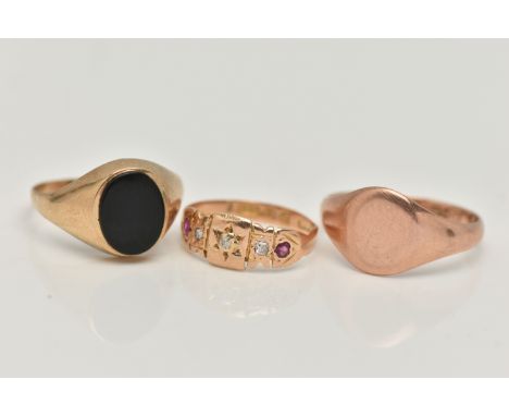 THREE RINGS, to include a 9ct rose gold oval polished signet ring, hallmarked 9ct Chester 1927, stamped 9.375, ring size N, a