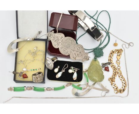 A BOX OF ASSORTED JEWELLERY, to include three pairs of white metal earrings, a white metal and marcasite ring, a white metal 