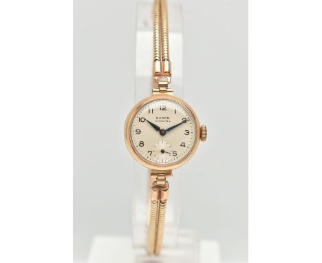 A LADIES BOXED 'BUREN' WRISTWATCH, manual wind, round silvered dial signed 'Buren Grand Prix', Arabic numerals, blue steel ha