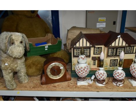 THREE BOXES AND LOOSE DOLLS HOUSE, LAMPS, TOYS, SACKS AND SUNDRY ITEMS, to include a Triang no 62 'Elizabethan' dolls house w