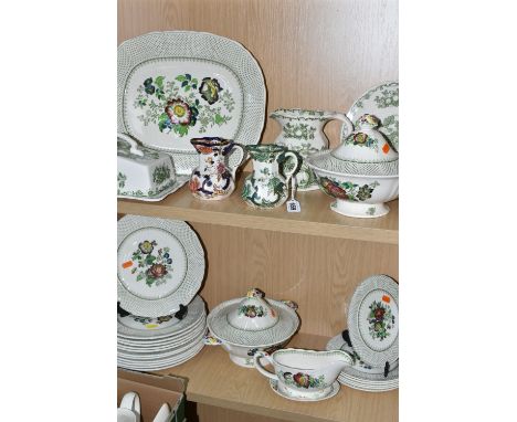 A GROUP OF MASONS DINNER WARES, comprising 'Fruit Basket' cheese dish and cover, 15cm jug and dessert plate, Mandalay and Cha