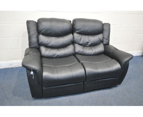 A BLACK LEATHERETTE MANUAL RECLINING TWO SEATER SOFA, length 167cm x depth 97cm x height 97cm (condition report: some small r