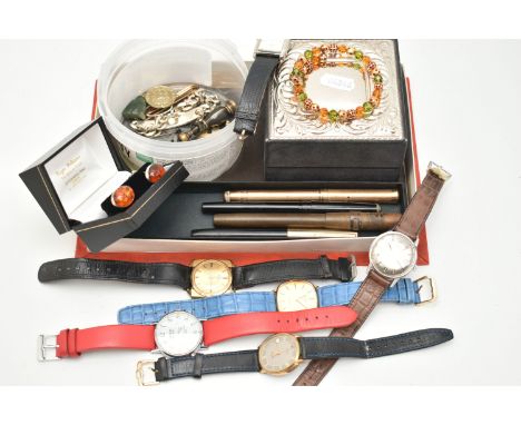 A BOX OF ASSORTED ITEMS, to include an AF rolled gold Swan fountain pen, a Sheaffer fountain pen another Swan AF fountain pen
