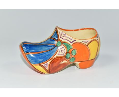 A CLARICE CLIFF SMALL SABOT/CLOG, in Melon pattern, painted with stylised fruit, with 'hand painted, Fantasque by Clarice Cli