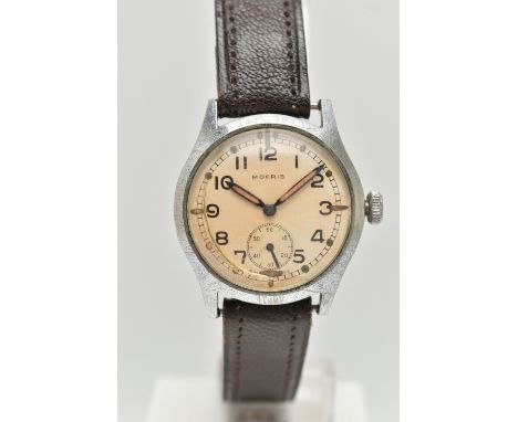 A GENTS MILITARY 'MOERIS' WRISTWATCH, manual wind, round discolored silver dial signed 'Moeris', Arabic numerals, luminescent
