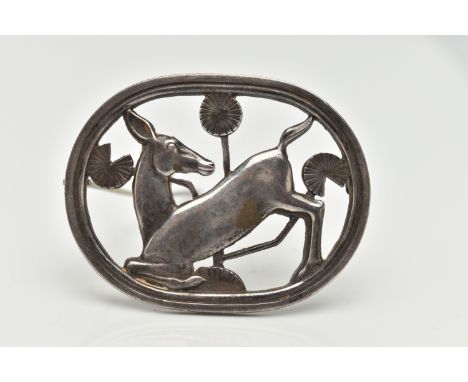 A 'GEORG JENSEN' SILVER BROOCH, open work kneeling deer design in oval surround, measuring approximately 45.0mm x 35.3mm, sig