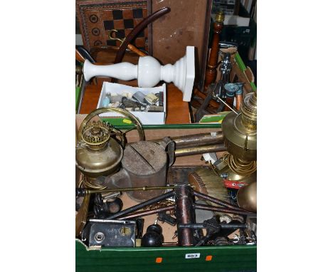 TWO BOXES AND LOOSE METAL WARES AND TREEN, to include a small collection of novelty lighters, cast iron doorknobs, locks and 