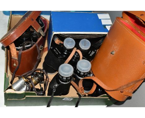 ONE BOX OF BINOCULARS, to include a pair of 1960's Dolland 'Livista' 8x40, a pair of Octra 10x 50 No. 16012  - 280ft at 1000y