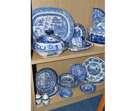A COLLECTION OF BLUE AND WHITE CERAMICS, thirty three pieces to include serving dishes, a tureen, a meat plate, dinner plates