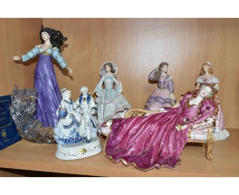 A GROUP OF FIGURINES, comprising Wedgwood for Spink 'The Coronation Ball, 1838' no 7116/10000 (fan broken and missing from he