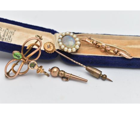 A SELECTION OF JEWELLERY, to include a small brooch, of an oval form, set with a central opal cabochon, measuring approximate