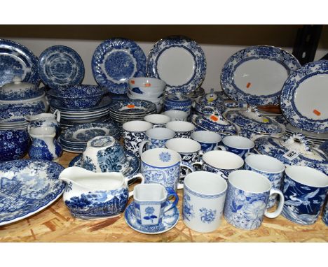 A QUANTITY OF BLUE AND WHITE DINNER WARES, over one hundred pieces, to include Keeling &amp; Co Marlborough tureens, soup tur