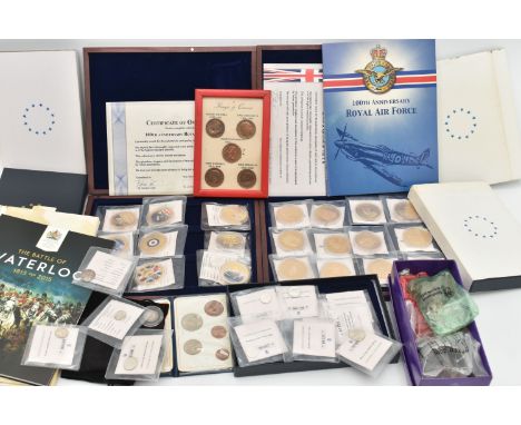 A BOX OF ASSORTED COINS, to include 100th anniversary Royal Air Force coin collection from Windsor Mint, selection of 'Worlds