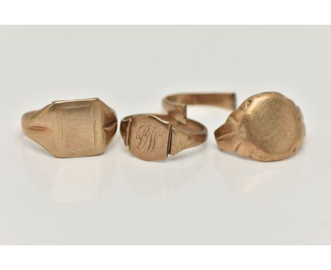 THREE SIGNET RINGS, the first a small shield shape signet with engraved initials, tapered shoulders leading onto a polished b
