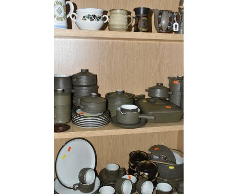 A GROUP OF DENBY TEA AND DINNER WARES, to include cream jugs in Marrakesh and Arabesque patterns, an RAF 1918-1978 commemorat