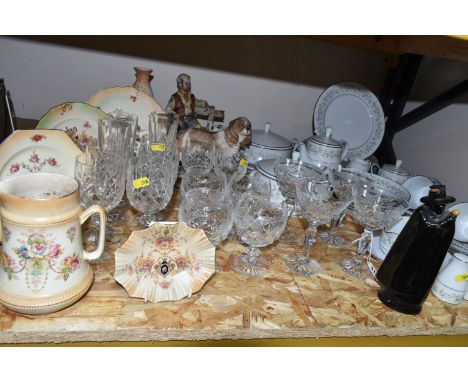 A NORITAKE 'SAVANNAH' PATTERN DINNER SET AND CUT CRYSTAL WINE GLASSES, comprising two covered tureens, integral gravy jug, sa