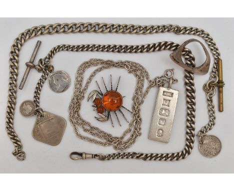 A SMALL ASSORTMENT OF SILVER AND WHITE METAL JEWELLERY, to include a silver ingot pendant, hallmarked Birmingham, suspended f