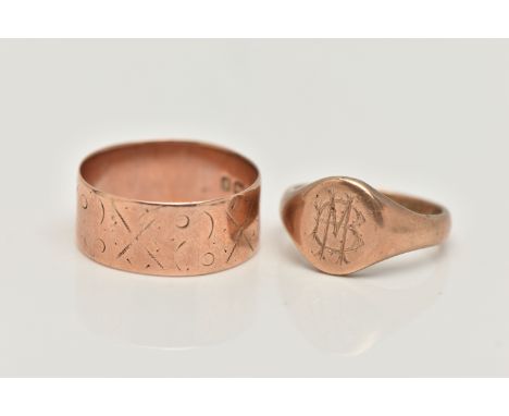 TWO 9CT GOLD RINGS, to include a late Victorian 9ct rose gold wide band ring, worn pattern, approximate band width 8.0mm, hal