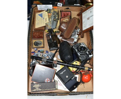 ONE TRAY OF MISCELLANEOUS SUNDRIES, to include a 19th century daguerreotype cased photograph, a Minolta Hi-Matic F camera and