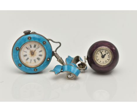 TWO ENAMEL FOB WATCHES, the first a white metal light blue guilloche enamel fob watch with small split pearl accents, round w