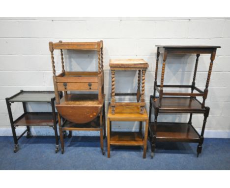 A SELECTION OF 20TH CENTURY OCCASIONAL FURNITURE, to include four two tier tea trolleys, an oak table with bobbin turned legs