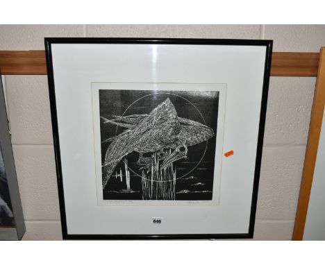 HEINKE JENKINS (1937-2023) 'NIGHT BIRD' A LINOCUT PRINT, a limited edition monochrome print on paper depicting a bird perched