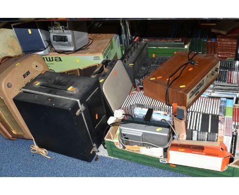 THREE BOXES OF CLASSICAL CDS, AUDIO AND FILM EQUIPMENT, to include an Aldis OI12 slide projector, a teak cased RSC tuner, an 