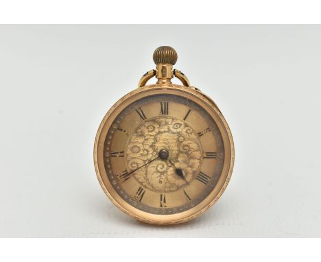 A LADIES YELLOW METAL OPEN FACE POCKET WATCH, manual wind, round gold floral dial, Roman numerals, blue steel hands, within a