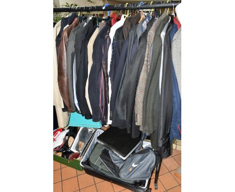 A LARGE QUANTITY OF GENTLEMEN'S CLOTHING AND ACCESSORIES, to include eight suits, rain jackets, overcoats, shirts, waistcoats