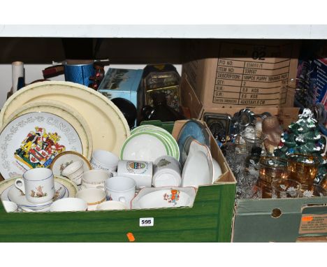 FOUR BOXES OF MID-CENTURY LIGHT SHADES, GLASSES AND CERAMICS, to include three light shades, a gold gilt glass lemonade set, 