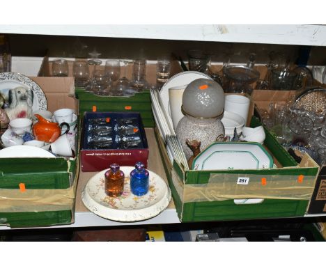 FIVE BOXES OF CERAMICS AND GLASSWARE, to include a Copeland Spode 'Newburyport' pattern tea set, a boxed set of six lead crys