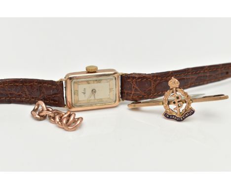 A LADIES EARLY 20TH CENTURY 9CT GOLD WRISTWATCH, A  BROOCH AND PART CURB LINK BRACELET, manual wind wristwatch, rectangular b