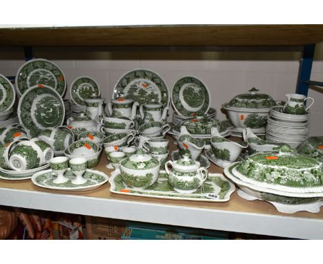 A LARGE QUANTITY OF ADAMS GREEN AND WHITE 'ENGLISH SCENIC' PATTERN DINNERWARE, comprising two covered sugar bowls, three inte