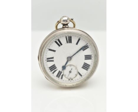 A LATE VICTORIAN SILVER OPEN FACE POCKET WATCH, key wound, round white dial, Roman numerals, subsidiary dial at the six o'clo