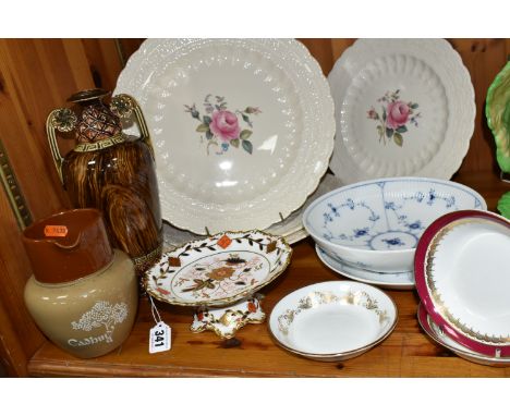 A GROUP OF NAMED CERAMICS, comprising a Royal Crown Derby Imari pattern 4687 compote, a Royal Copenhagen blue and white flute