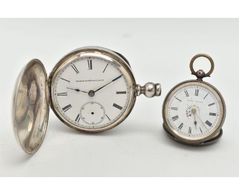 TWO WHITE METAL POCKET WATCHES, the first a full hunter, key wound movement, dial signed 'Elgin natl watch co', inside case s