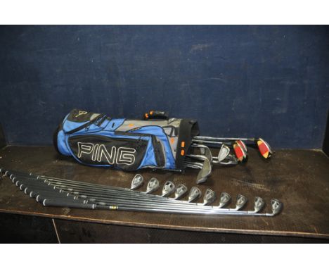 A PING GOLF BAG CONTAINING PING AND CALLAWAY CLUBS including IST-K irons (3,4,5,6,7,8,9,W) a Zing 1, Eye 2 3 and 5 woods and 