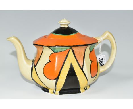 A CLARICE CLIFF 'DOUBLE V' TEAPOT, of octagonal form, painted with black and yellow inverted V shapes and other abstract form