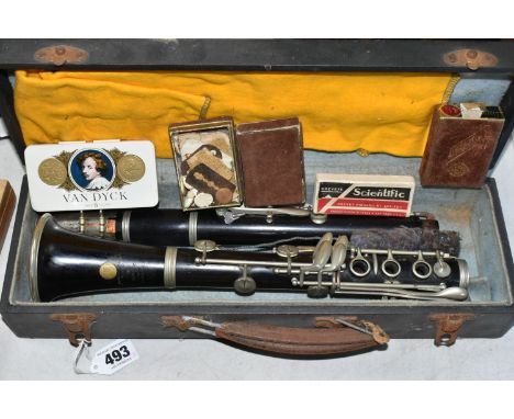 A SELMAR BRANDED CLARINET AND CASE ETC, the bell is inscribed for V Kohlert's sons Kraslice, together with boxes of reeds etc