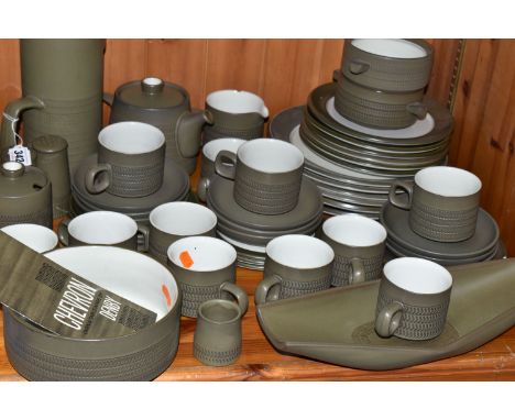 DENBY 'CHEVRON' DESIGN COLLECTION OF OVEN TO TABLEWARE, designed by Gill Pemberton, comprising a jug 902 (chipped), salad bow