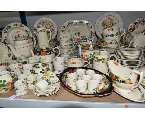 A LARGE QUANTITY OF ADAM'S HANDPAINTED TITIAN WARE, comprising two covered tureens, gravy jug (cracked and reglued), stand, e