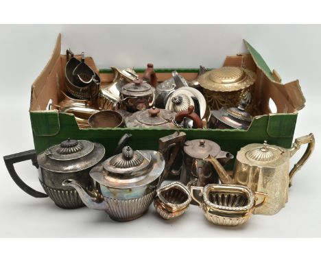 A BOX OF ASSORTED WHITE METAL WARE, to include an EPBM four piece tea set comprising of teapot, coffee pot, sugar bowl and mi