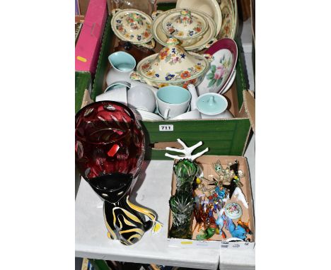 TWO BOXES AND LOOSE CERAMICS AND GLASS WARES, to include Masons 'Bible' pattern dinnerware: two tureens, two soup tureens and